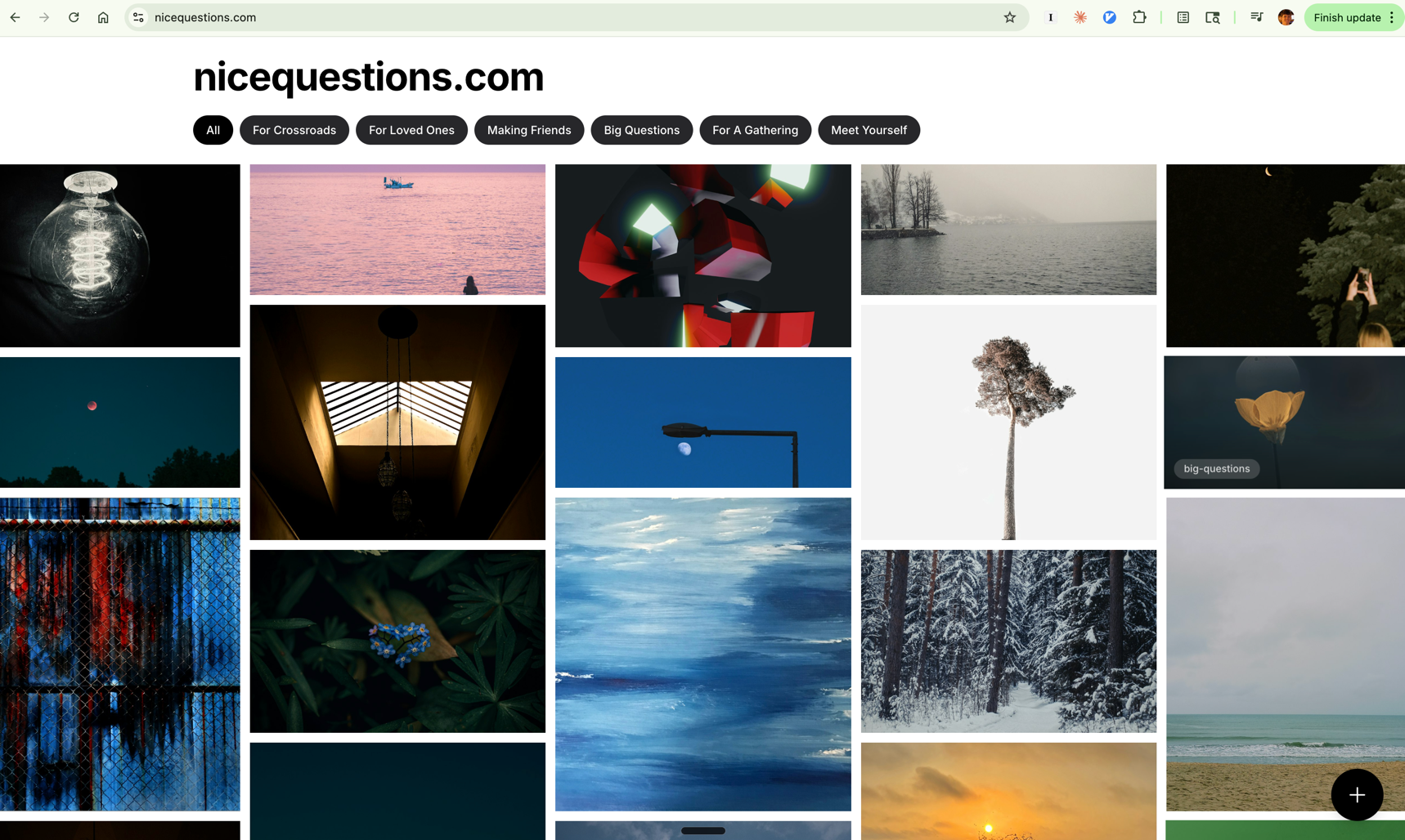 The nicequestions.com homepage showing a masonry grid of beautiful photographs, each paired with a thoughtful question